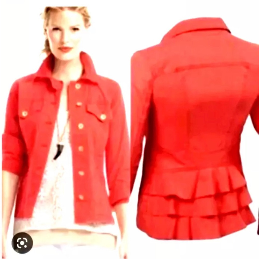 CAbi 727 Taylor Ruffled Back Military Red Orange Fitted Womens Jacket, size XS